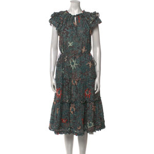 Ulla Johnson Rema Silk Floral Dress Size 6 Medium Malachite Color Tie Neck Sash